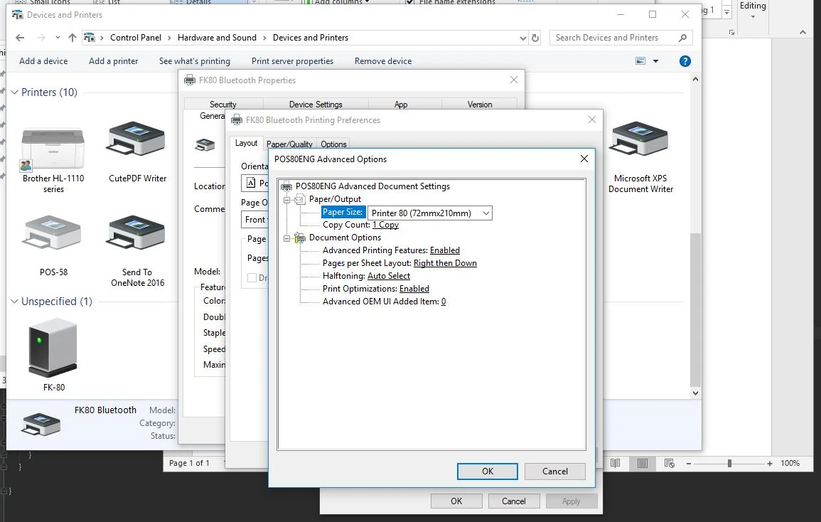 Printer paper size settings